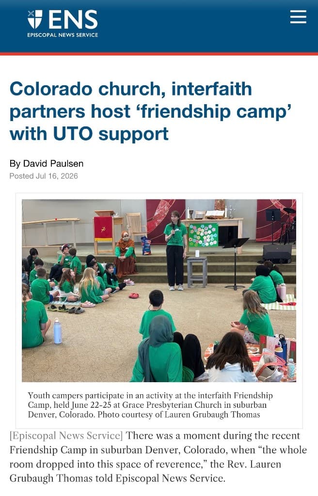Screenshot of Episcopal News Service article about Friendship Camp