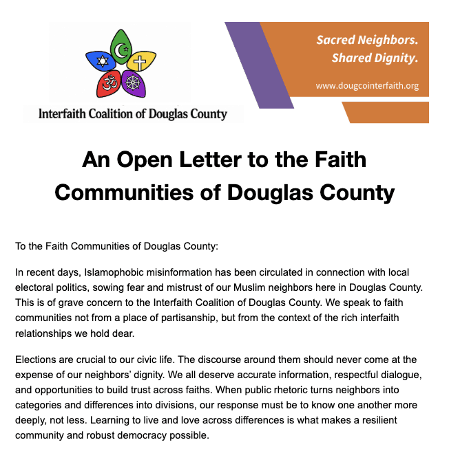 Preview of the open letter to Douglas County faith communities